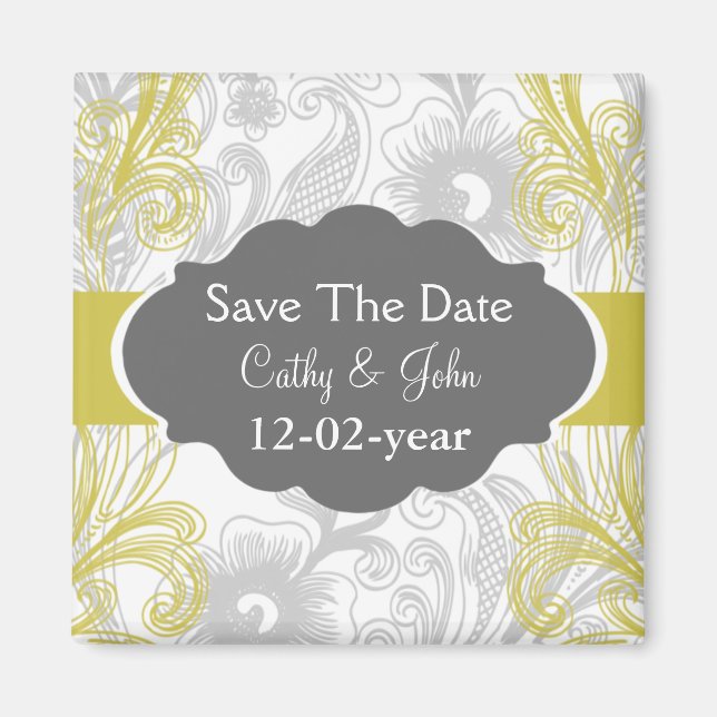 floral flourish grey and yellow Wedding Magnet (Front)