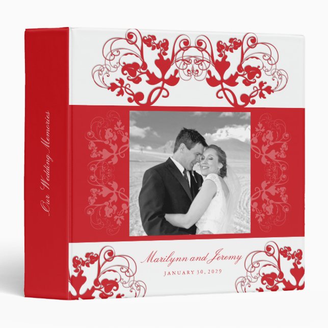 Floral Flourish Scarlet Red Wedding Photo Binder (Front/Spine)