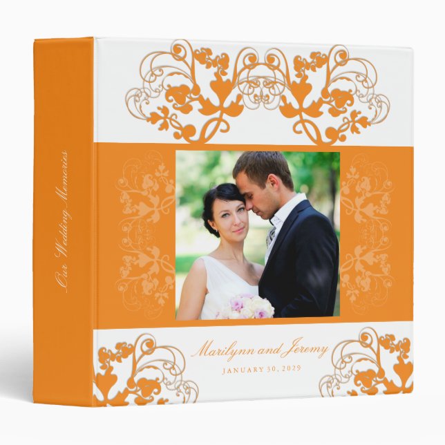 Floral Flourish Summer Orange Wedding Photo Binder (Front/Spine)