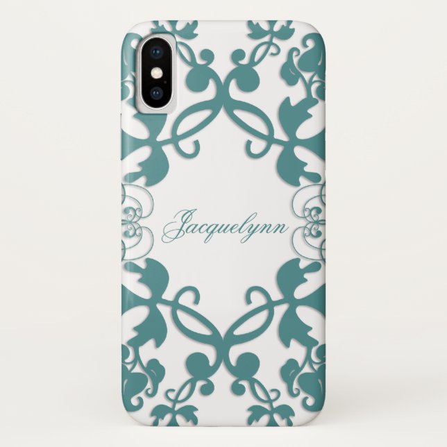 Floral Flourish Teal Peacock Custom Name Casing Case-Mate iPhone Case (Back)