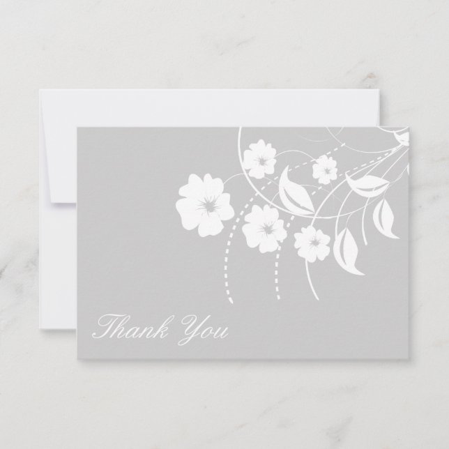 Floral Flourish Thank You Note (Silver / White) Card (Front)