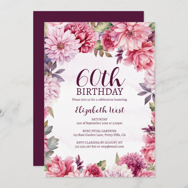 Floral Flower Bloom Blush Purple 60th Birthday Invitation (Front/Back)