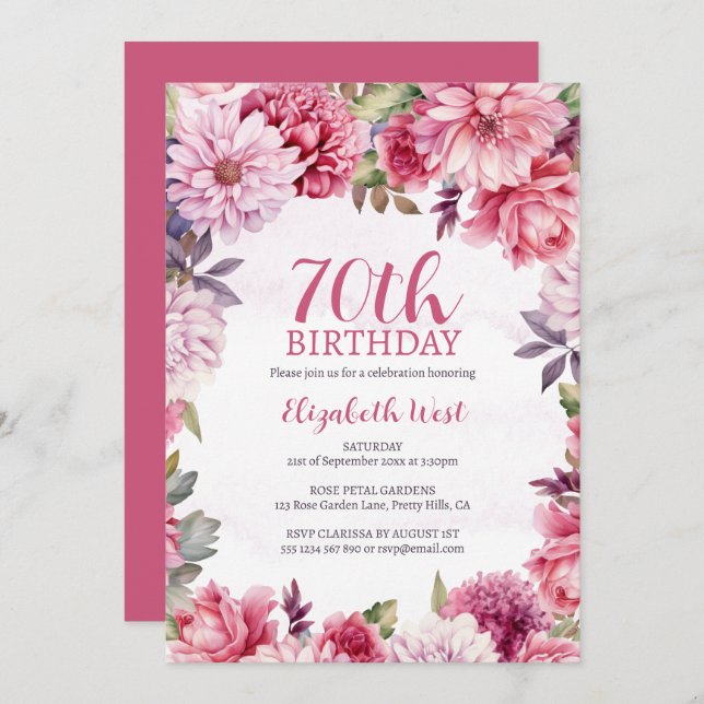 Floral Flower Bloom Hot Pink 70th Birthday Invitation (Front/Back)