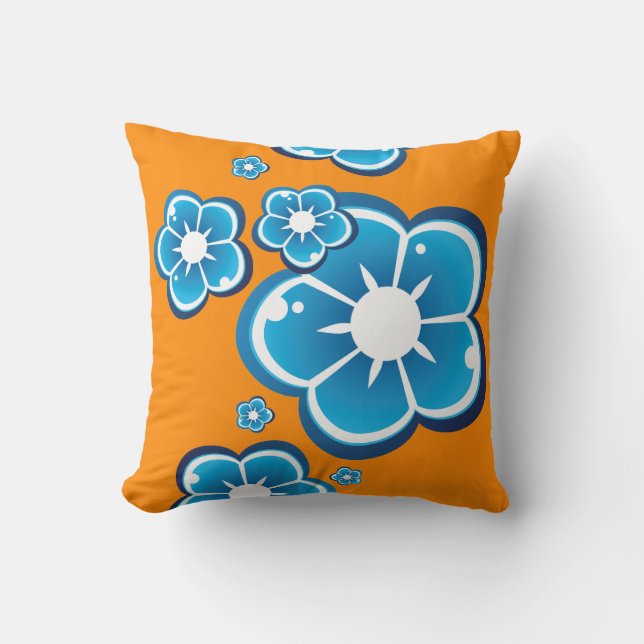 Floral Flower Blue Orange Pattern Throw Pillow (Front)
