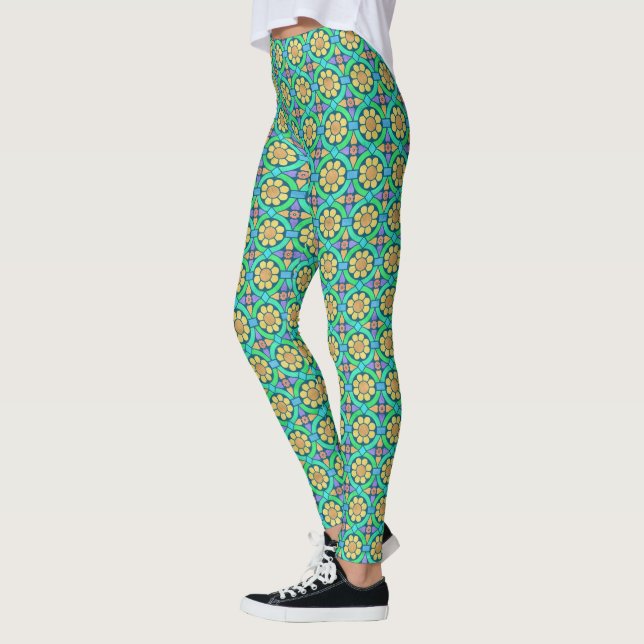 Floral Flower Geometric Pattern Cute Yellow Green Leggings (Left)