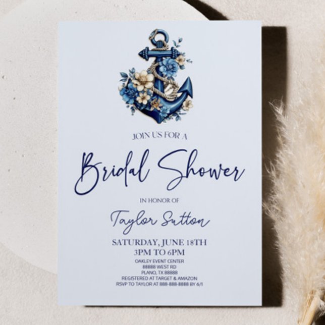 Floral Flower Nautical Blue Anchor Bridal Shower Invitation (Creator Uploaded)