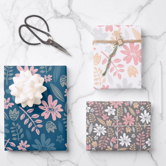 Floral flower pattern hand drawn blossom leaf wrapping paper sheet (Front)