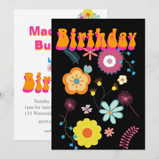 Floral Flower Power Colorée Invitation Anniversair (Devant / Derrière)