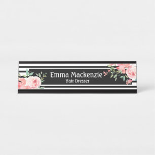 Floral Flowers Black and White Office Desk Sign