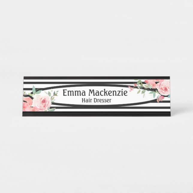 Floral Flowers Black and White Office Desk Sign (Front)