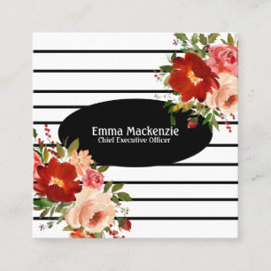 Floral Flowers Black and White  Square Business Card