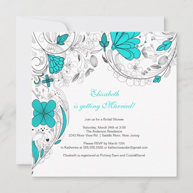 Floral Flowers Bridal Shower Invitation Turquoise (Front)