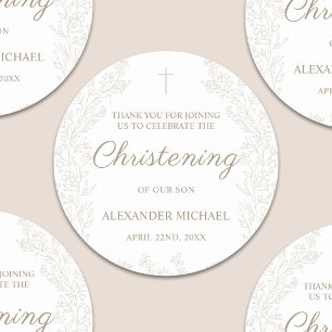 Floral Flowers Christening Cross Baptism Thank You Classic Round Sticker