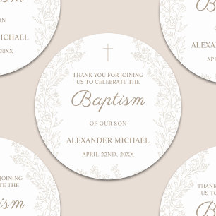 Floral Flowers Christian Cross Baptism Thank You Classic Round Sticker