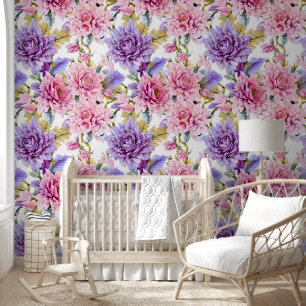 Floral flowers collage wall mural pink purple chic
