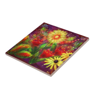 Floral Flowers Flower Abstract Art Red Yellow Tile
