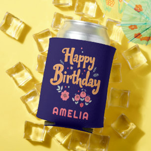 Floral Flowers Happy Birthday Handlettering Can Cooler