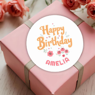 Floral Flowers Happy Birthday Handlettering Classic Round Sticker