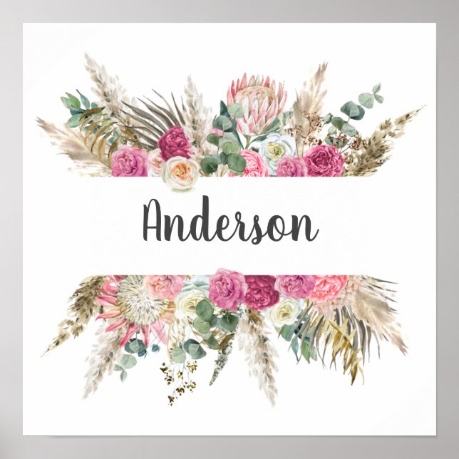 Floral, Flowers Monogram Last Name Wedding Gift  Poster (Front)