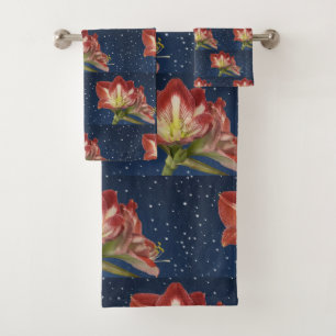 Floral Flowers Pink Red Blue  Variegated Amaryllis Bath Towel Set