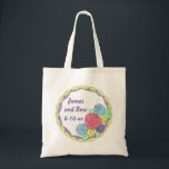 Floral Flowers Roses Bridal Shower Wedding Cake Tote Bag<br><div class="desc">Tote bag features an original illustration of a round cake decorated with white icing and pastel-coloured frosting roses. Simply personalize with your names and event information. Perfect for birthday, wedding, or anniversary favours! This design is also available on other products. Don't see what you're looking for? Need help with customization?...</div>