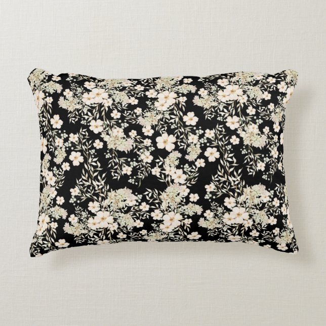 Floral Flowers Wildflowers Leaves Black Background Accent Pillow (Front)