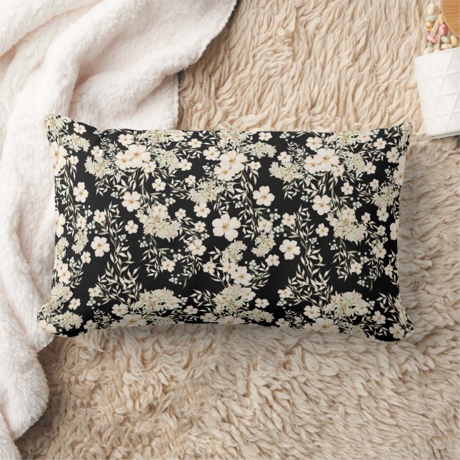 Floral Flowers Wildflowers Leaves Black Background Lumbar Pillow (Blanket)