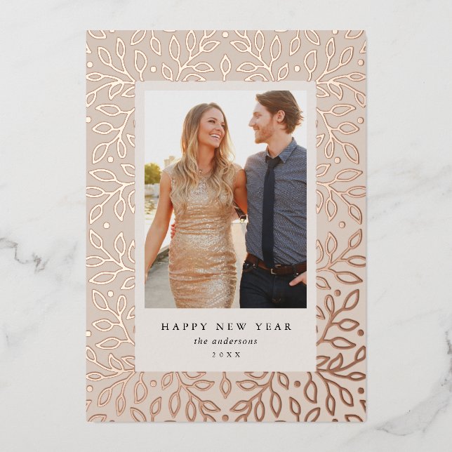 Floral Foil Happy New Year Holiday Photo Card (Front)