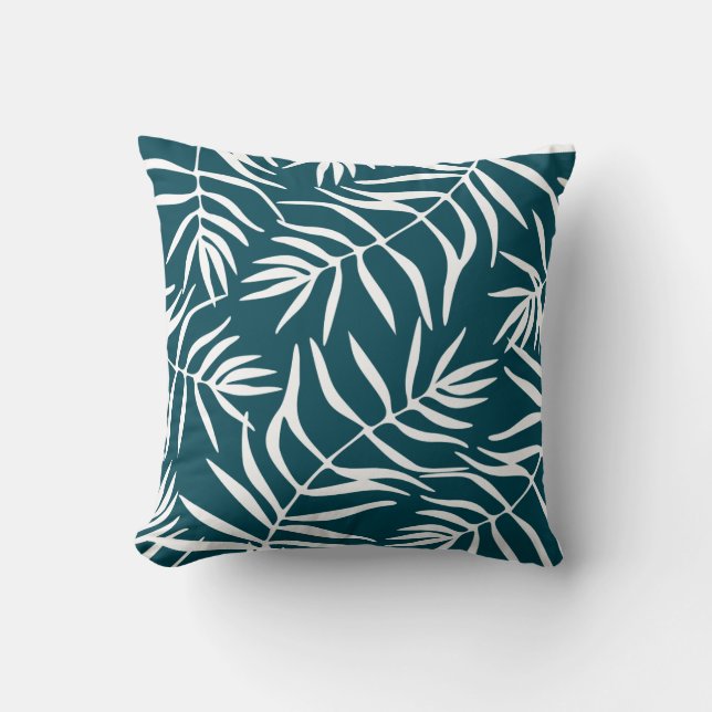 Floral foliage blue white tropical summer throw pillow (Front)