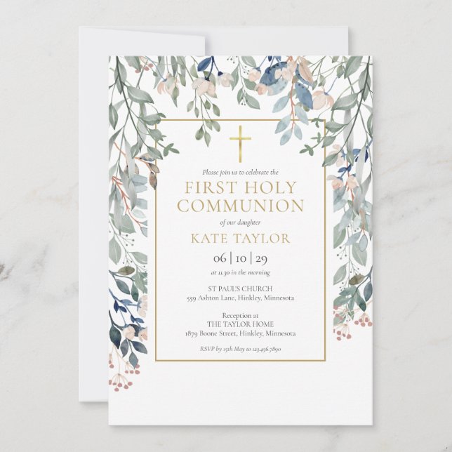 Floral Foliage First Holy Communion Invitation (Front)