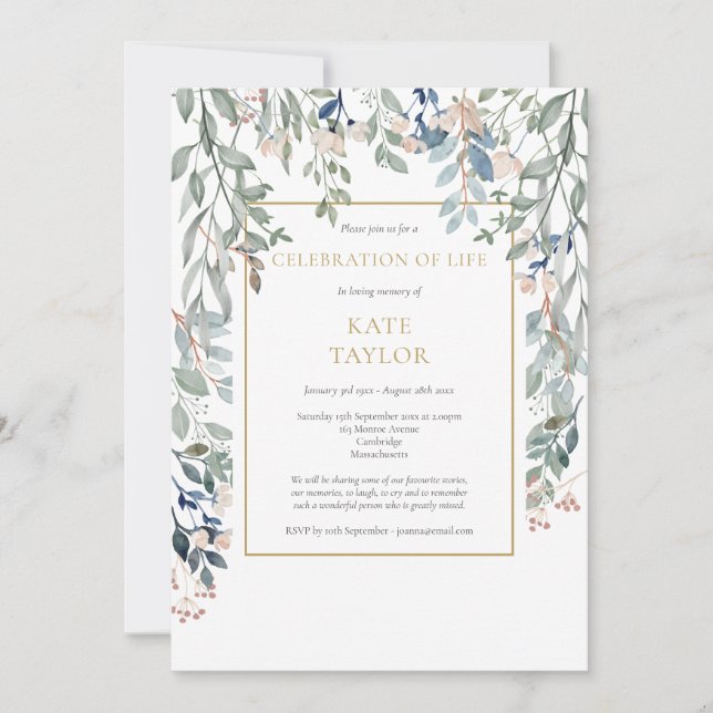 Floral Foliage Funeral Celebration of Life Invitation (Front)