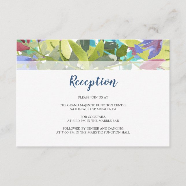 Floral Foliage Leaves Turquoise Wedding Reception Enclosure Card (Front)