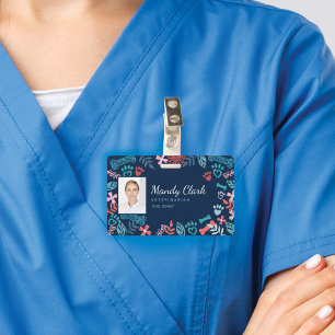 Floral & Foliage Pet Paw Print Pattern Photo ID Badge