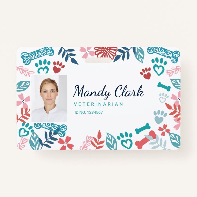 Floral & Foliage Pet Paw Print Pattern Photo ID Badge (Front)