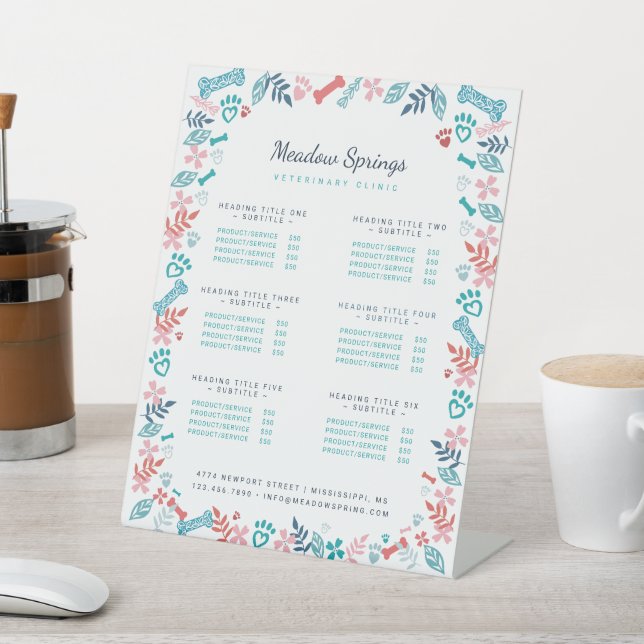 Floral & Foliage Pet Paw Print Pattern White Pedestal Sign (In SItu)