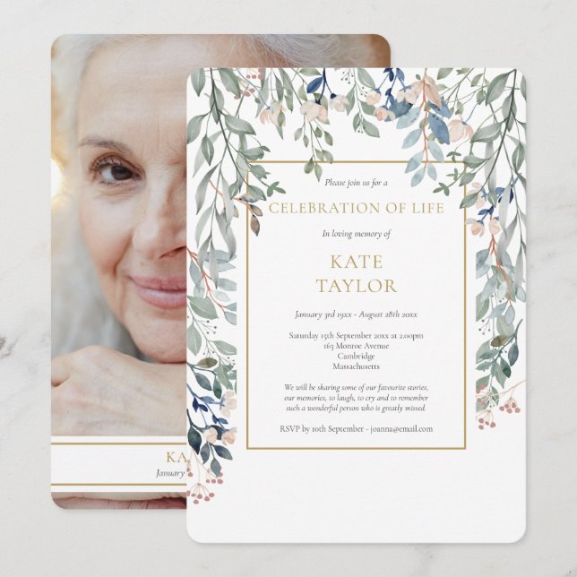 Floral Foliage Photo Funeral Celebration of Life Invitation (Front/Back)