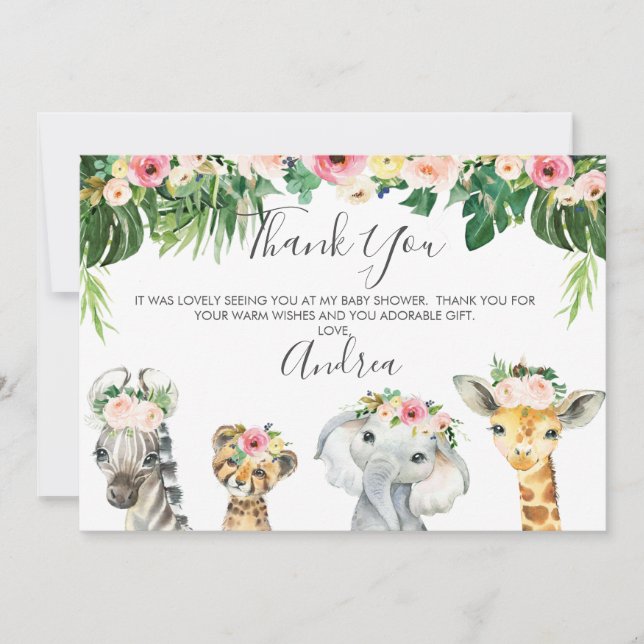 Floral Foliage Safari Baby shower Carte de remerci (Devant)