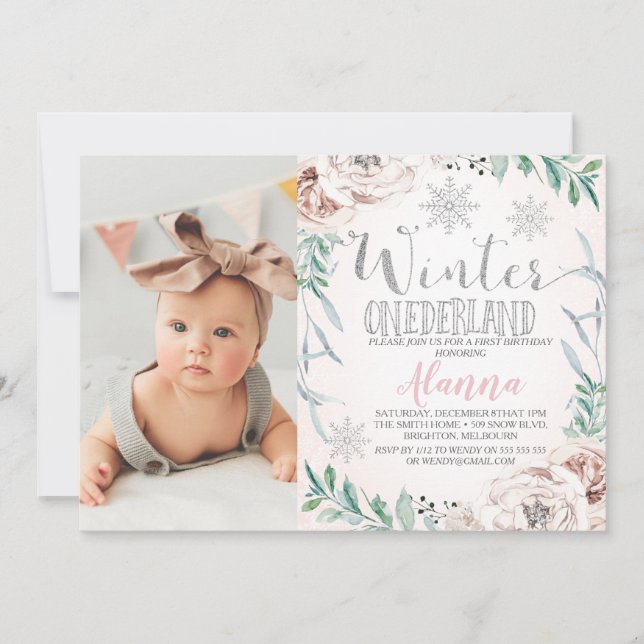Floral Foliage Winter One-derland Ist Birthday  Invitation (Front)