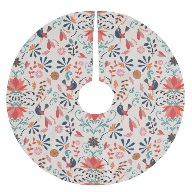 Floral folk art design with blue birds red flowers brushed polyester tree skirt (Front)