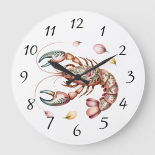 Floral Folk Art Lobster Illustration  Large Clock