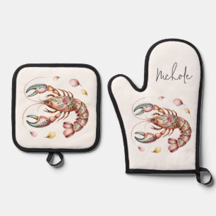 Floral Folk Art Lobster Illustration Oven Mitt & Pot Holder Set