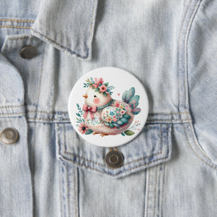 Floral Folk Bird with Pastel Boho Charm 3 Inch Round Button