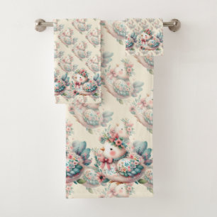 Floral Folk Bird with Pastel Boho Charm Bath Towel Set