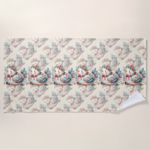 Floral Folk Bird with Pastel Boho Charm Beach Towel