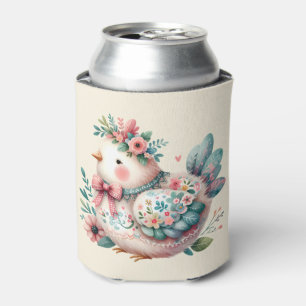 Floral Folk Bird with Pastel Boho Charm Can Cooler