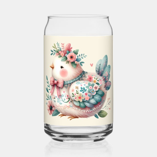 Floral Folk Bird with Pastel Boho Charm Can Glass (Front)