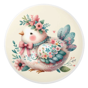 Floral Folk Bird with Pastel Boho Charm Ceramic Knob