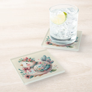 Floral Folk Bird with Pastel Boho Charm Glass Coaster