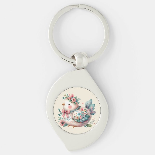 Floral Folk Bird with Pastel Boho Charm Keychain (Front)