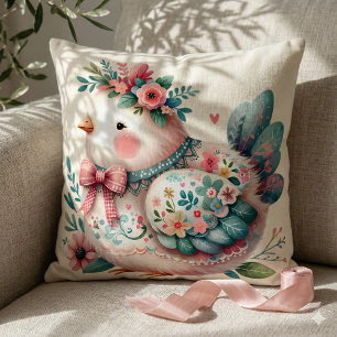 Floral Folk Bird with Pastel Boho Charm Throw Pillow